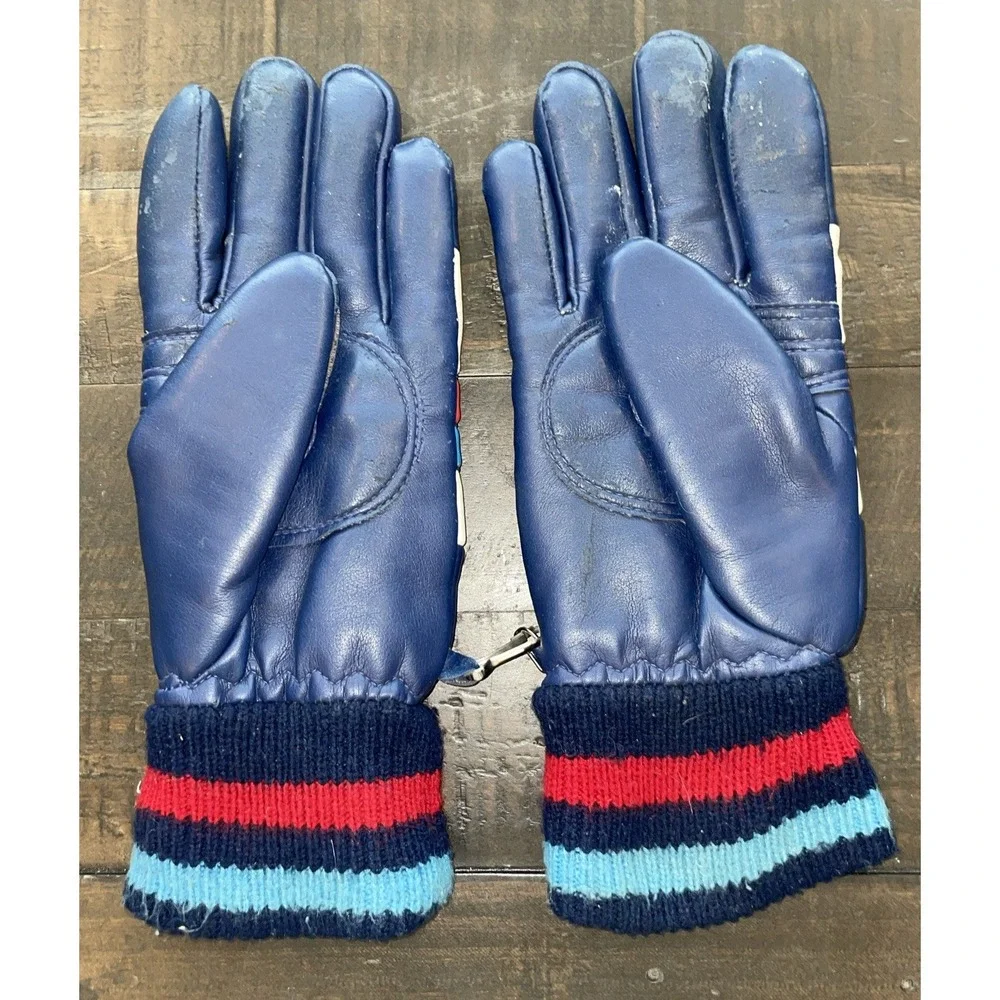Vintage 60s 70s Winter Blue Red White Leatherette Gloves‎ Mens Size Small